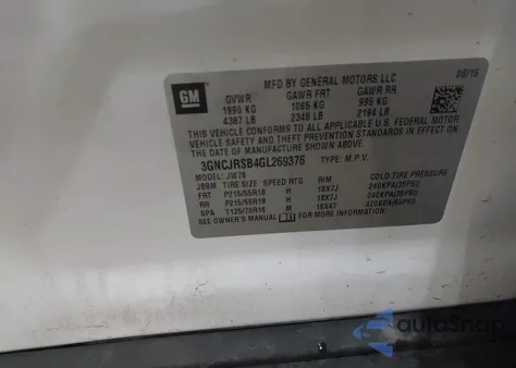 2016 Chevrolet Trax Ltz from USA, damaged, VIN 3GNCJRSB4GL269376